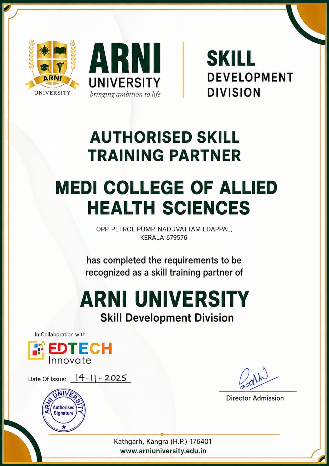Arni Skill University Certificate
